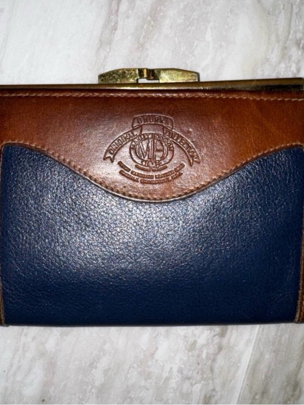 Ghurka Marley Hodgson Leather Wallet Coin Pocket navy and camel kiss lock